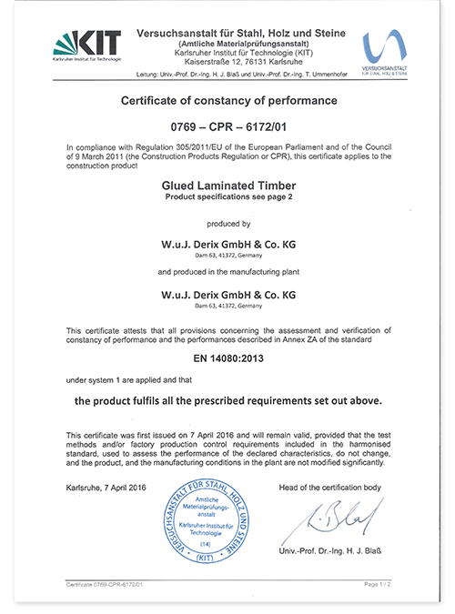 Certificate of consistency of performance BSH W. u. J.
