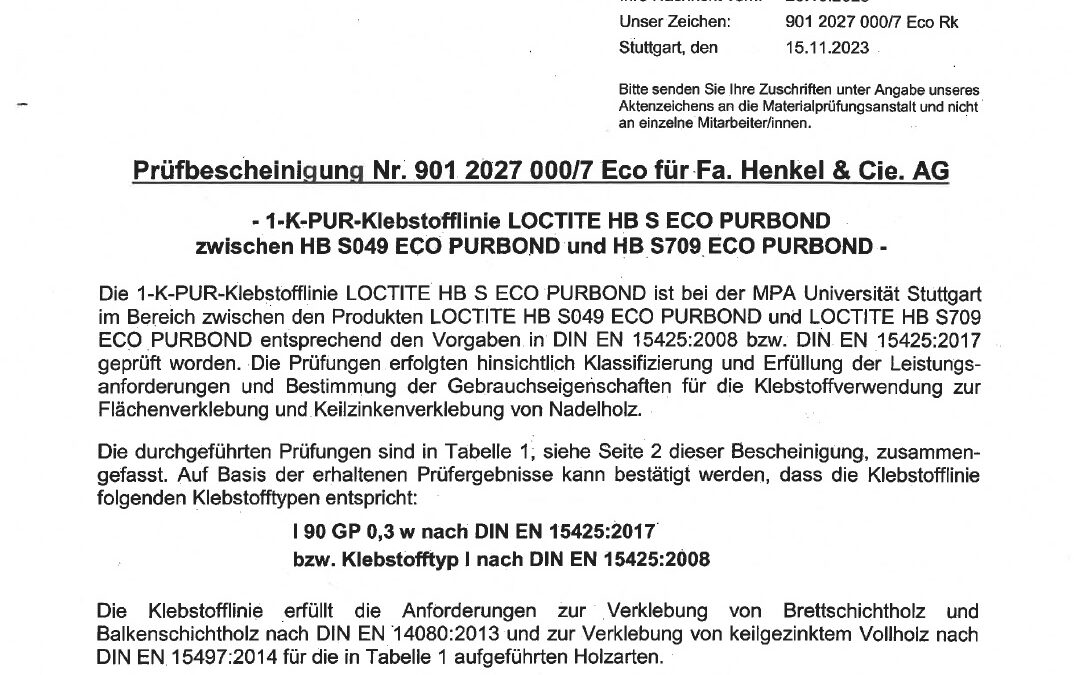 Prüfbescheinigung Loctite HB S Eco Purbond