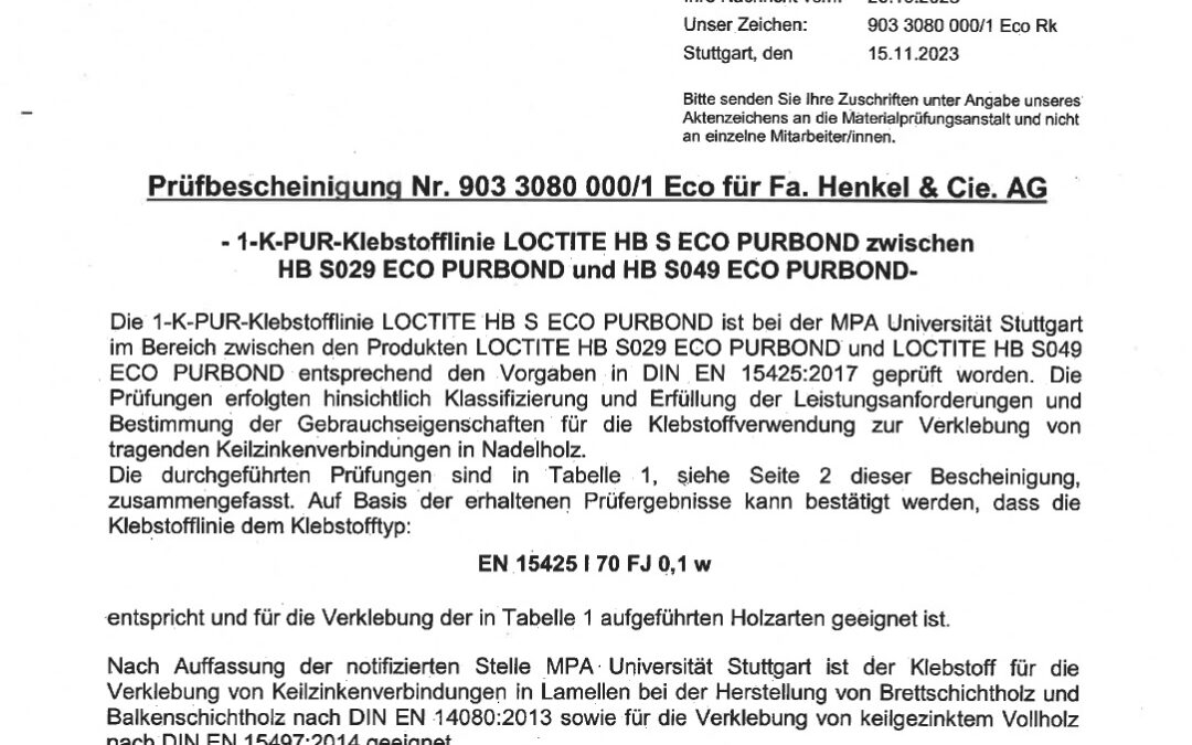 Prüfbescheinigung Loctite HB S Eco Purbond Keilzinke