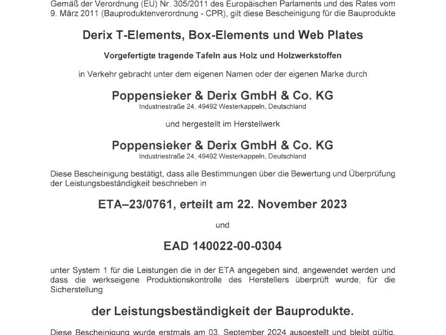 Bescheinigung Leistungsbeständigkeit Rippen-Hohlkasten Hohlraumdecken (Poppensieker & Derix)