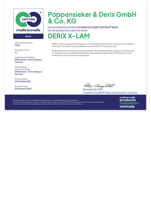 Certificaat DERIX X-LAM Cradle to Cradle Certified Gold (Engels)