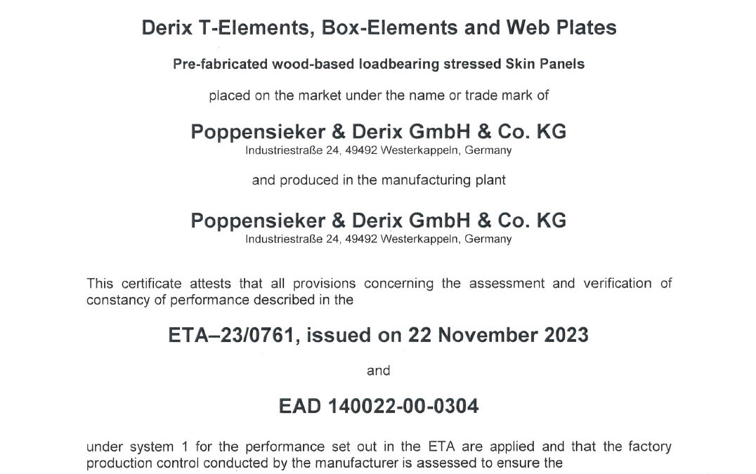 Certificate performance T Elements Box Elements Web Plates (Poppensieker & Derix)