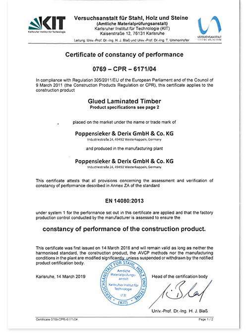 Certificate of consistency of performance BSH Poppensieker
