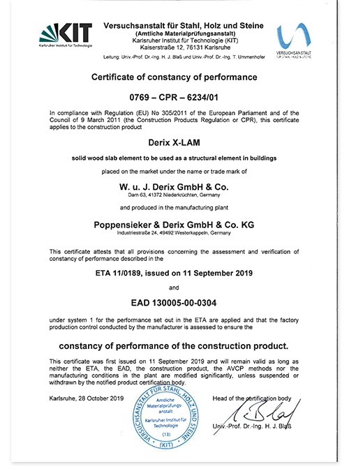 Certificate of consistency of performance X-LAM