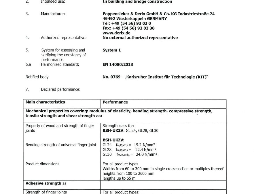 Declaration of Performance BSH Universal Finger Jointing (Poppensieker & Derix)