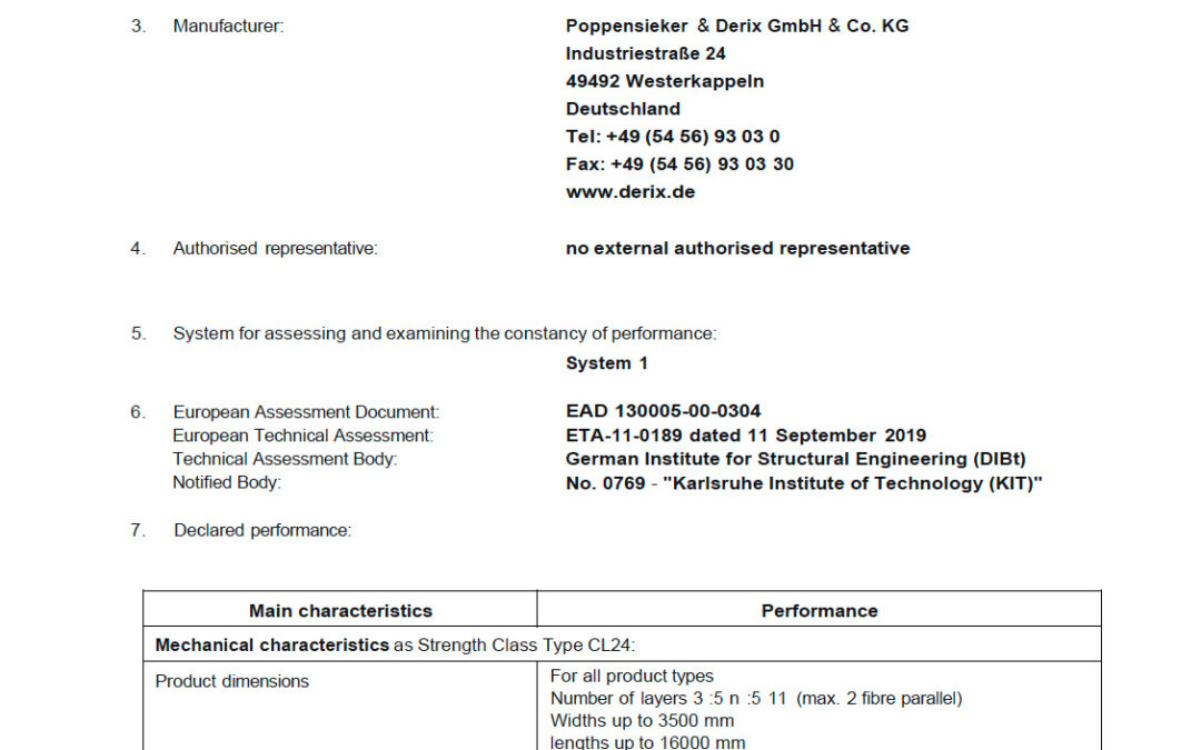 Declaration of Performance X-LAM (Poppensieker & Derix)