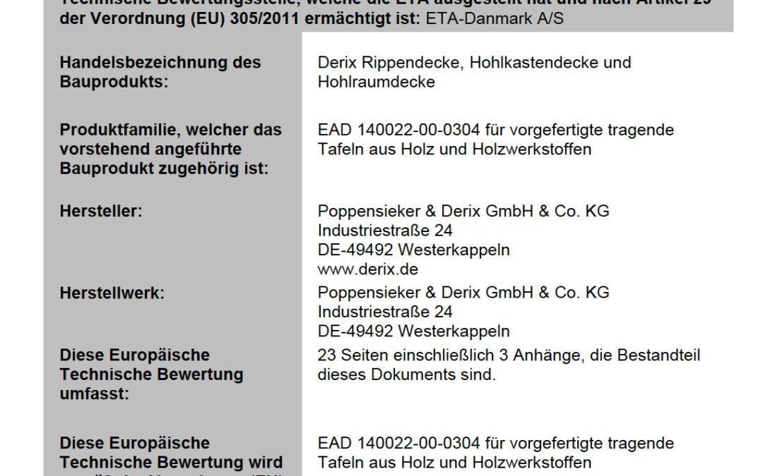 Europäisch Technische Bewertung Rippen-Hohlkasten-Hohlraumdecke (Poppensieker & Derix)