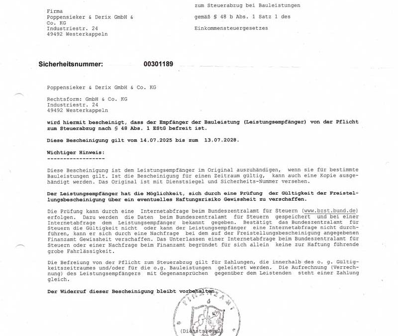 Freistellungsbescheinigung (Poppensieker & Derix)