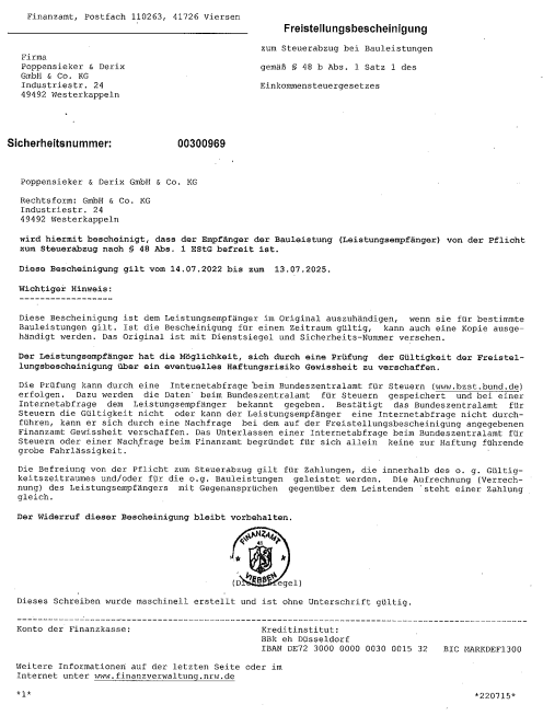 Freistellungsbescheinigung (Poppensieker & Derix)