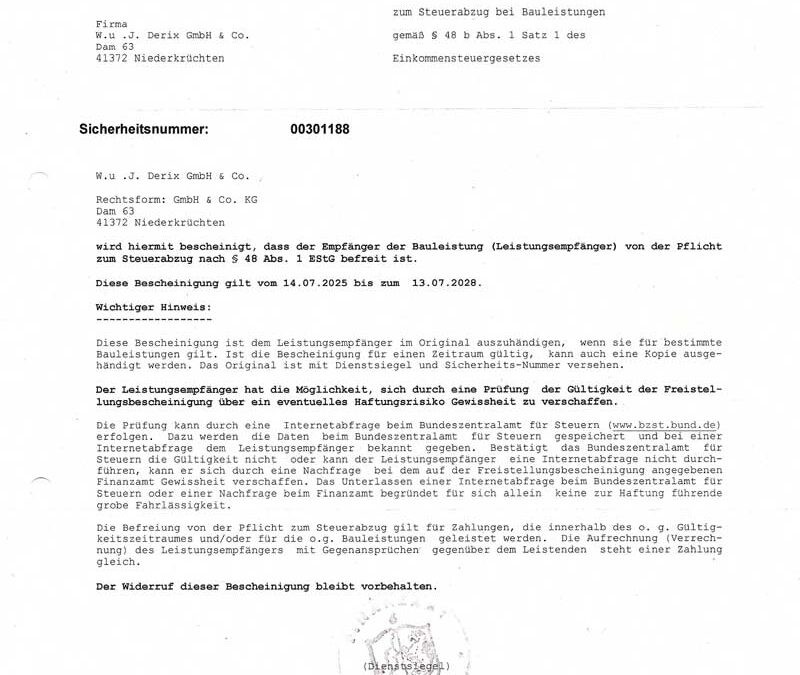 Freistellungsbescheinigung (W. u. J. Derix)