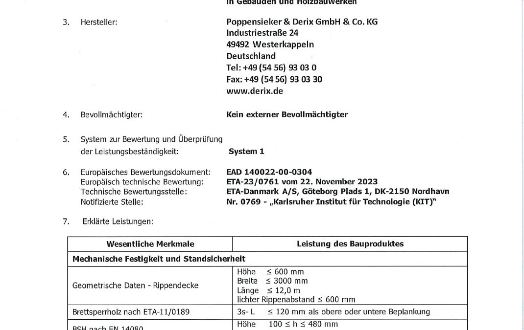 Leistungserklärung Rippendecke (Poppensieker & Derix)