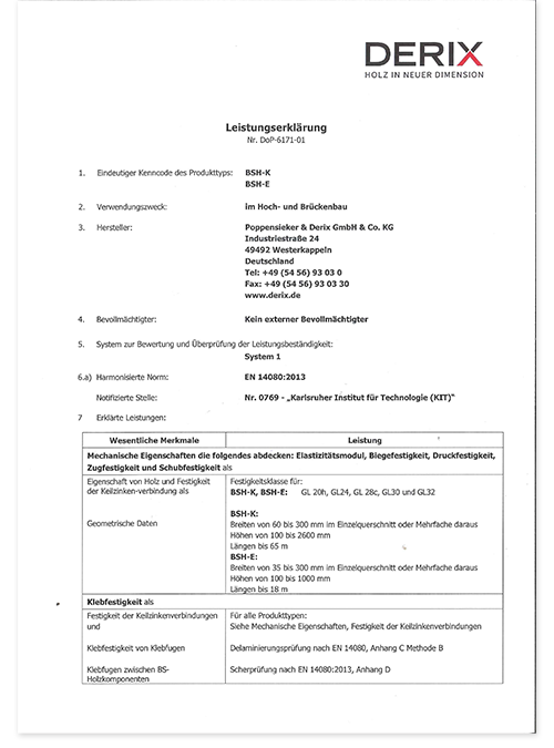Prestatieverklaring gelamineerd hout Poppensieker (Duits)