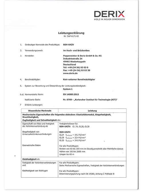 Prestatieverklaring vingerlasverbinding gelamineerd hout Poppensieker (Duits)